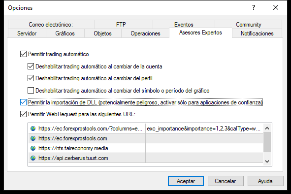 Ventana de Opciones de MetaTrader 4 en la pestaña de Asesores Expertos con la URL autorizada