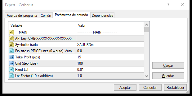 Pestaña de parámetros de entrada de Cerberus en MetaTrader 4