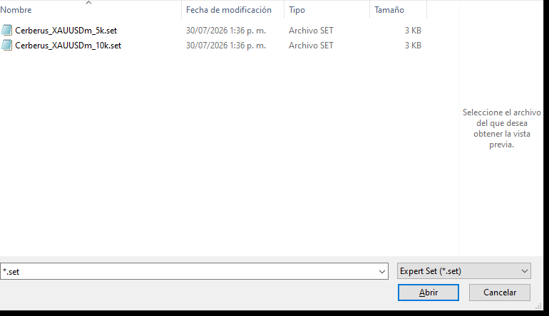 Cuadro de propiedades de MetaTrader 4 cargando un archivo .set de configuración de Cerberus
